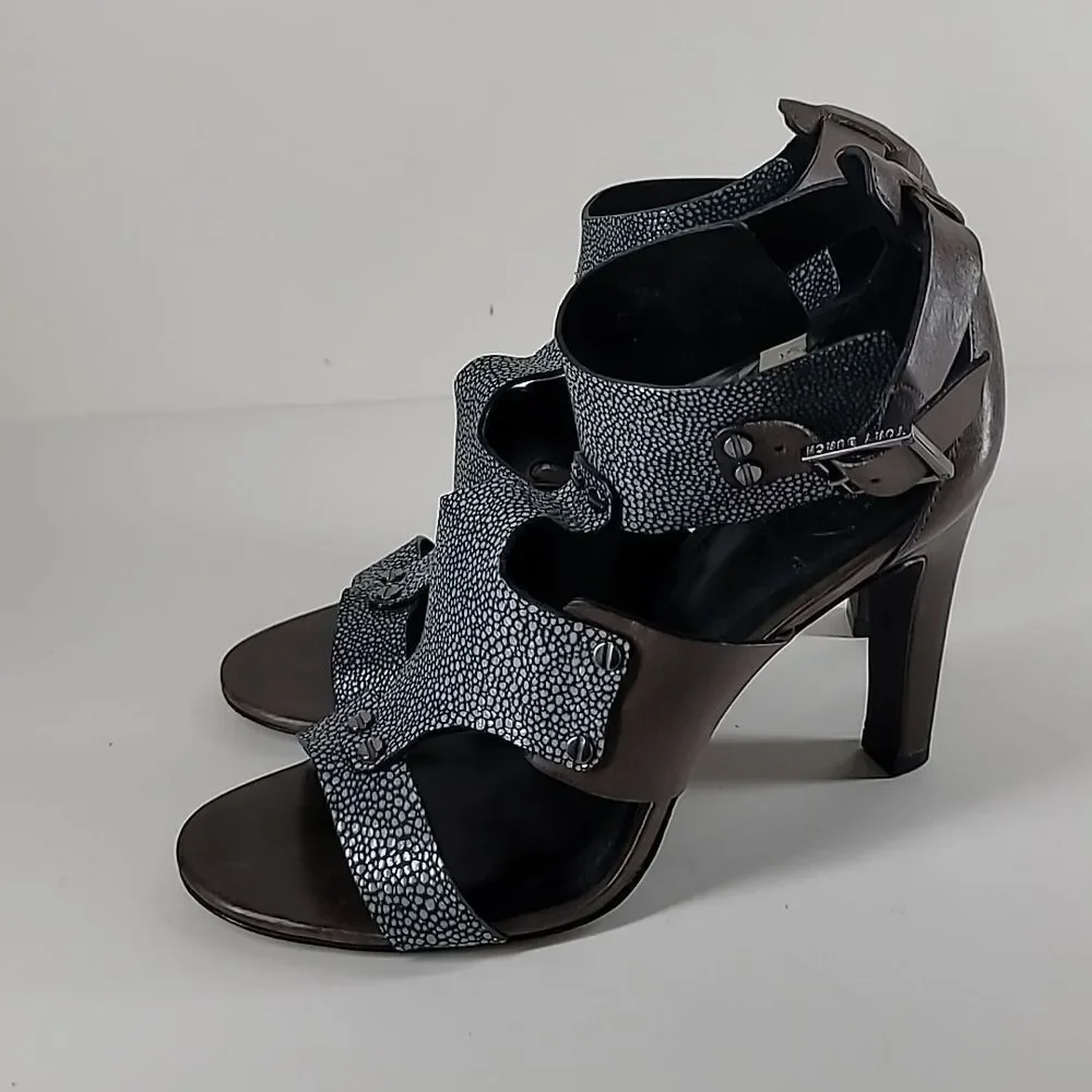 Tory Burch Teagan Stingray Brown Blue Leather Caged T Strap Sandal.